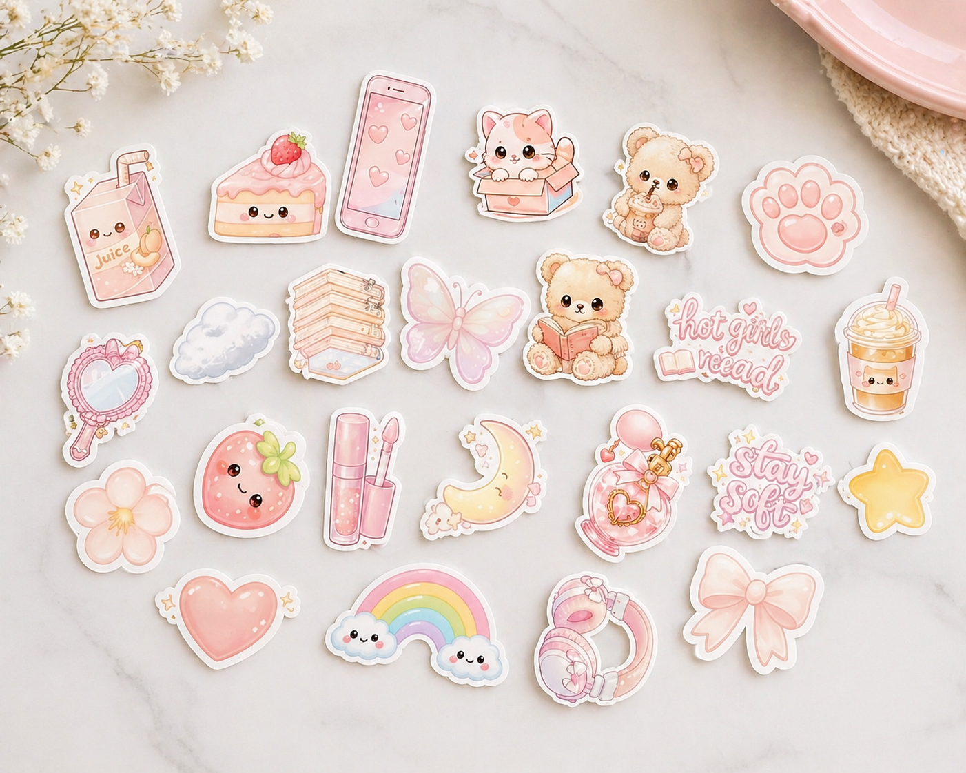 Set 24 Stickere Kawaii Pastel – Limited Edition (50 Seturi) + Sticker Holografic Cadou ✨